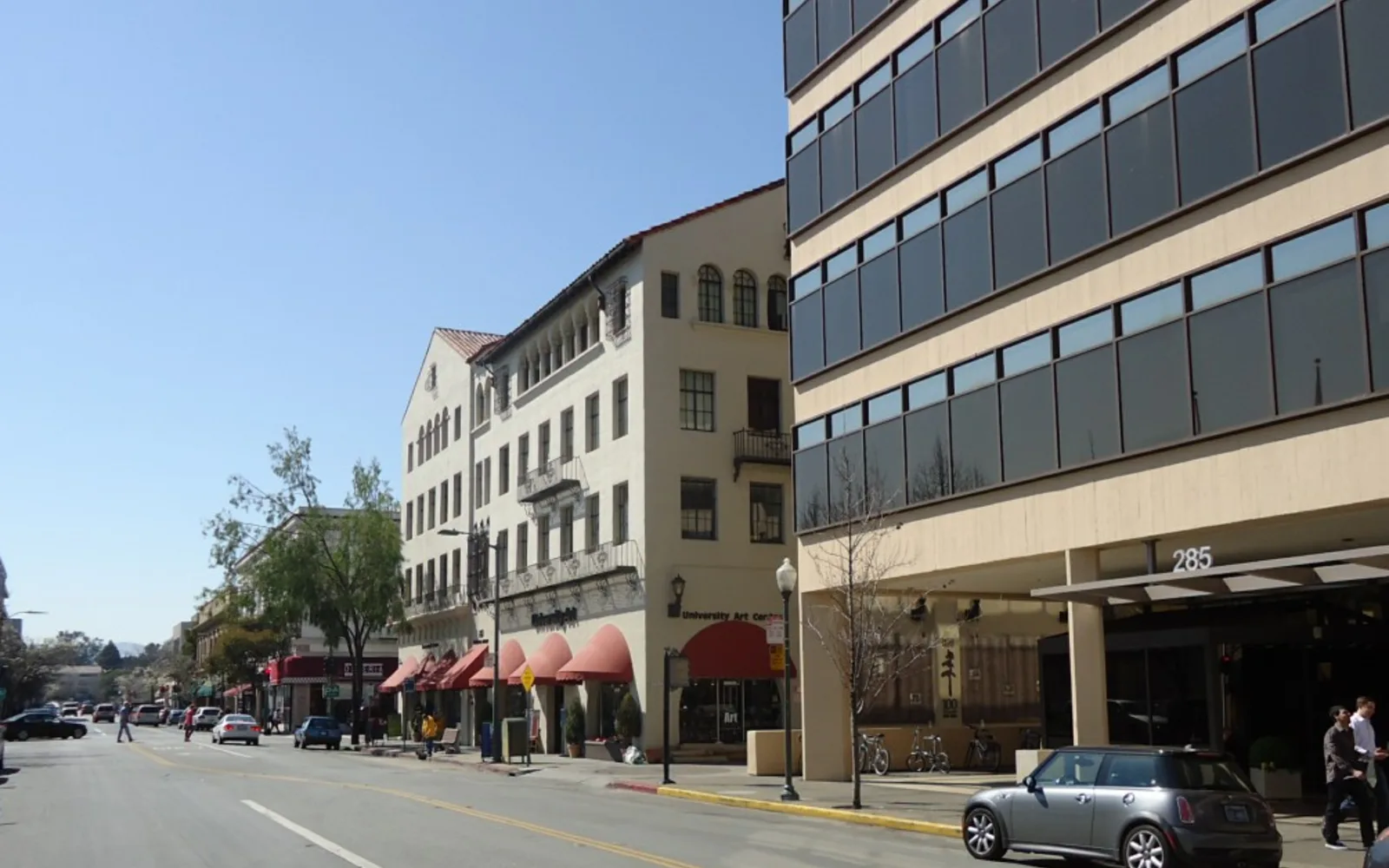 A street view of downtown Palo Alto, California, showing buildings and urban development